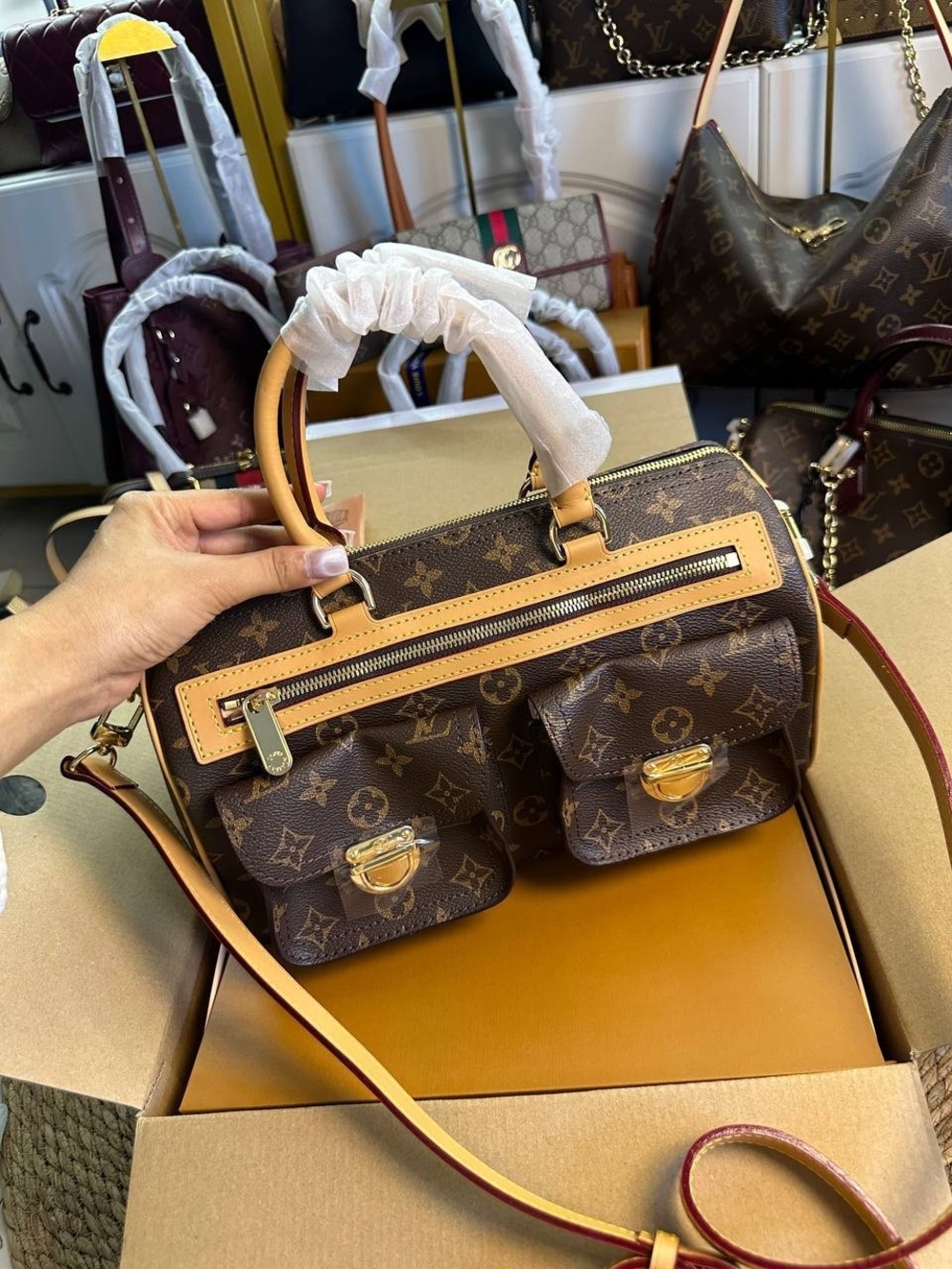 Louis Vuitton Brown Monogram Satchel with Tan Trim and Gold Hardware